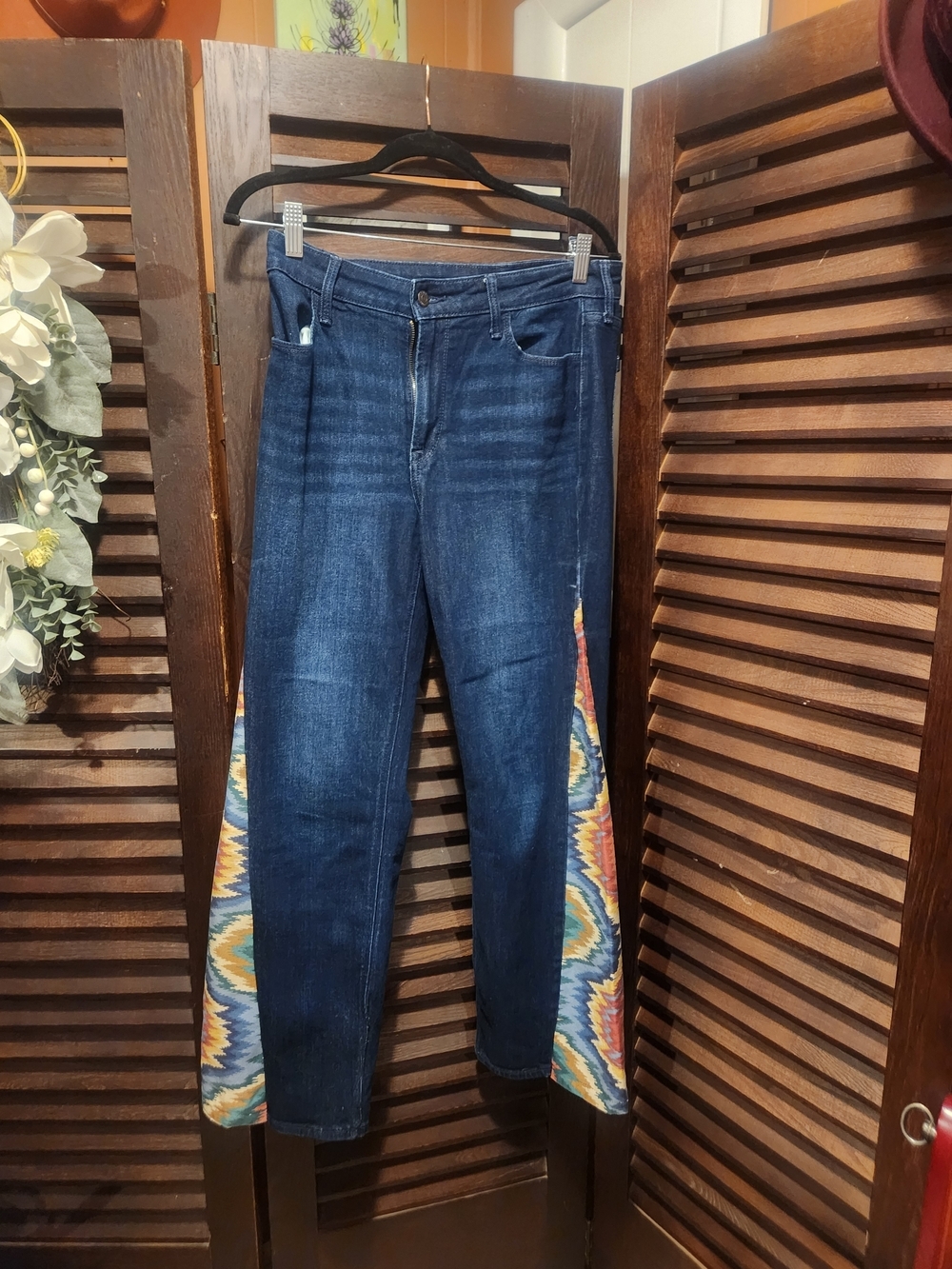 Old Navy Upcyled Dark Blue Jeans with Multicolor Aztec Side Panels